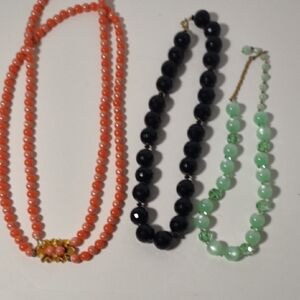 Vintage Coral, Green and Black Beaded Necklaces